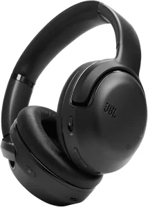 Black and white wireless over-ear headphones.