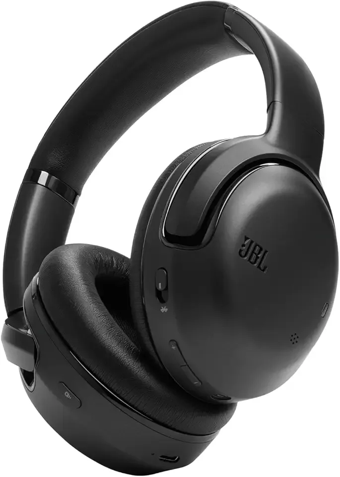 Black and white wireless over-ear headphones.